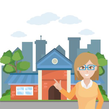 öğretmen kadın karikatür vektör çizim grafik tasarım bina önünde Okulu