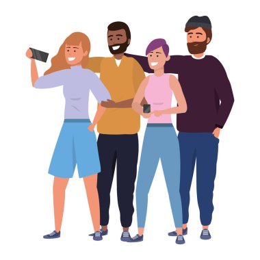 Bin yıllık grup birlikte gülümseyen mutlu kazak sakal afro redhead vektör illüstrasyon grafik tasarım poz selfie alarak akıllı telefon kullanarak