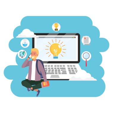 Online eğitim bin yıllık öğrenci sakallı adam ceket oturan dizüstü aydınlatma ekran sıçrama çerçeve vektör illüstrasyon grafik tasarım giyen