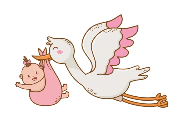 Mignon Bébé Douche Bébé Avec Cigogne Dessin Animé Vectoriel Illustration — Image vectorielle