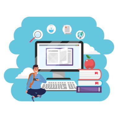 Sırt çantası oturan bilgisayar kitapları yığını ve elma arka plan genç kişi kariyer arama sıçrama çerçeve vektör illüstrasyon grafik tasarım ile Online eğitim bin yıllık öğrenci