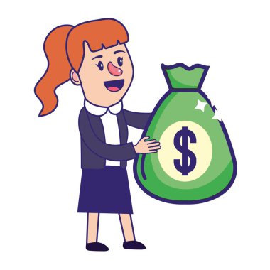 İş kadını bankacılık finansal planlama para çantası para vektör illüstrasyon grafik tasarım tutan