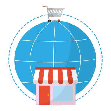Çevresinde küre vektör çizim grafik tasarım online mağaza ve shoppping kart