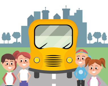 ilköğretim okulu öğrencileri önünde okul servisi ve şehir yatay çizgi film vektör illüstrasyon grafik tasarım