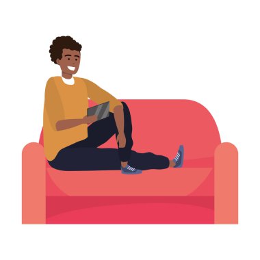 Bin yıllık kişi akıllı telefon ile selfie gülümseyen oturma odası kanepe vektör illüstrasyon grafik tasarım alarak oturan