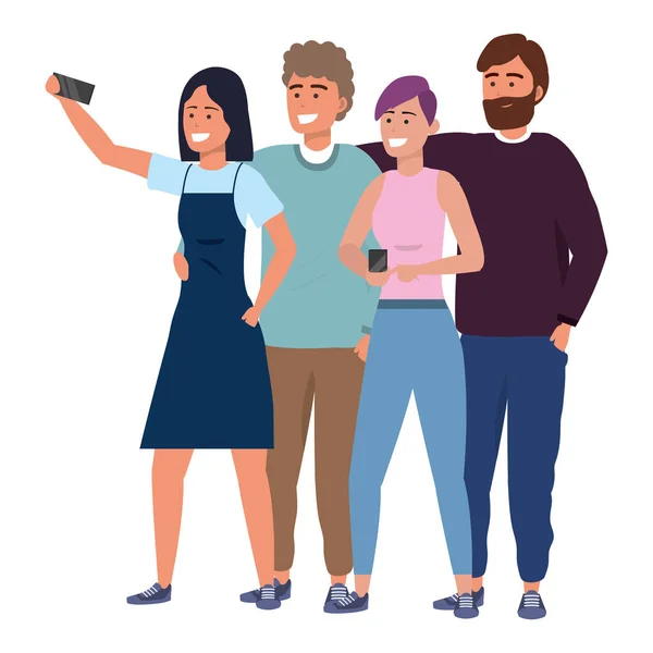 Millennial Grupo Usando Teléfono Inteligente Tomar Selfie Posando Juntos Sonriendo — Vector de stock