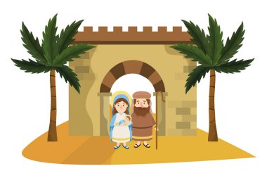 İsa karikatür ile joseph ve mary ile Noel doğum sahnesi