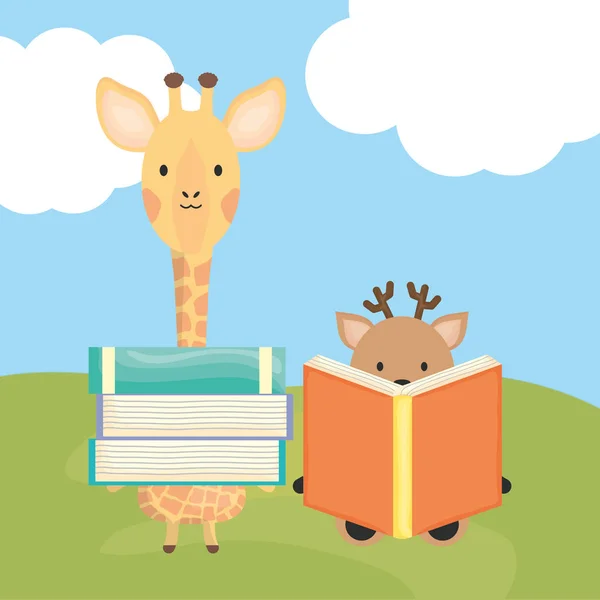 Sevimli Zürafa Ren Geyiği Kitap Çocuksu Karakterler Vektör Illüstrasyon Tasarımı — Stok Vektör