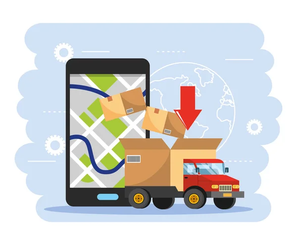 Lkw Transport Mit Verpackung Und Smartphone Gps Kartenvektor Illustration — Stockvektor