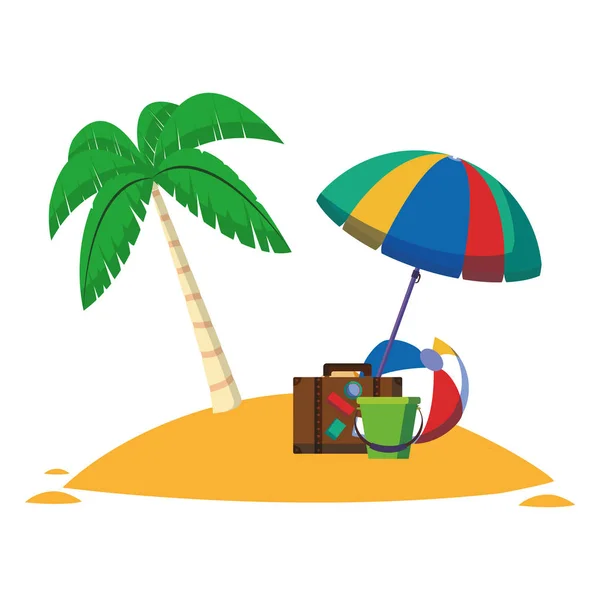 Beach Travel Suitcase Ball Umbrella Sand Bucket Vector Illustration Graphic — Stock Vector