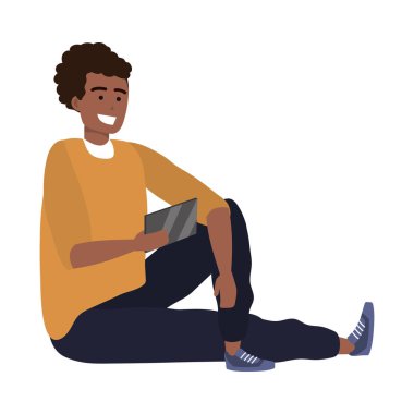 Bin yıllık kişi şık kıyafet afro izole vektör illüstrasyon grafik tasarım mesajlaşma akıllı telefon kullanarak oturan