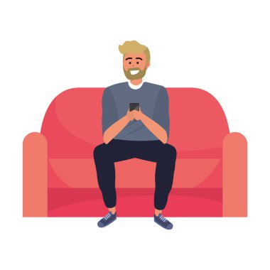 Bin yıllık kişi akıllı telefon ile selfie gülümseyen oturma odası kanepe vektör illüstrasyon grafik tasarım alarak oturan