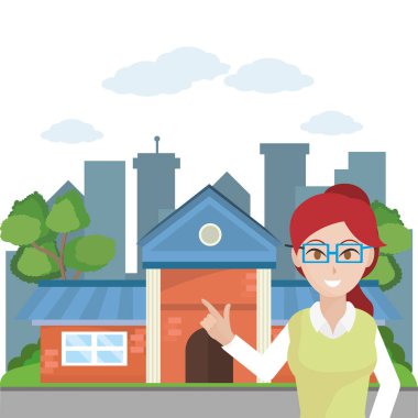 öğretmen kadın karikatür vektör çizim grafik tasarım bina önünde Okulu