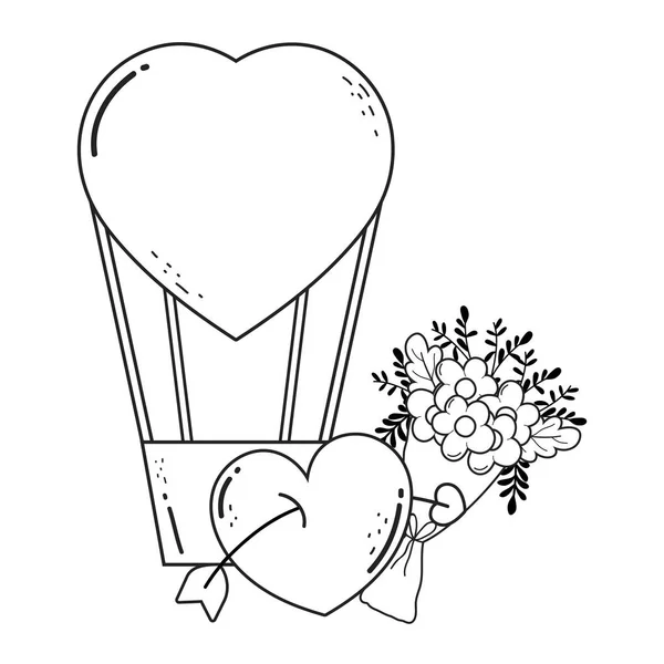 Ballonluft Heiß Mit Herzform Und Blumenstrauß Vektor Illustration Design — Stockvektor