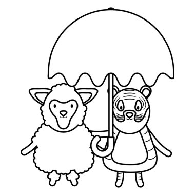şemsiye vektör illüstrasyon tasarımı ile sevimli koyun ve kaplan