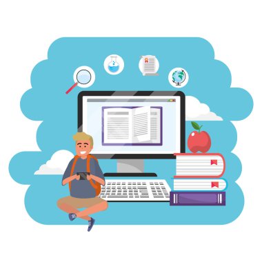 Online eğitim bin yıllık öğrenci sarışın adam şort oturma bilgisayar kitapları yığını ve elma arka plan genç kişi kariyer arama sıçrama çerçeve vektör illüstrasyon grafik tasarım giyiyor