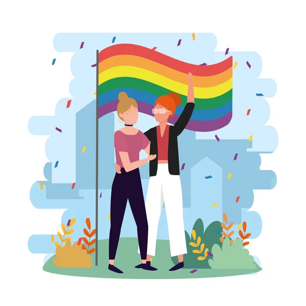 Pareja Mujeres Con Bandera Del Arco Iris Comunidad Celebración Vector — Archivo Imágenes Vectoriales