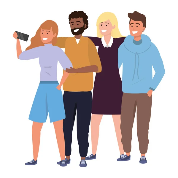 Millennial Grupo Usando Smartphone Tomando Selfie Posando Juntos Sonriendo Feliz — Vector de stock