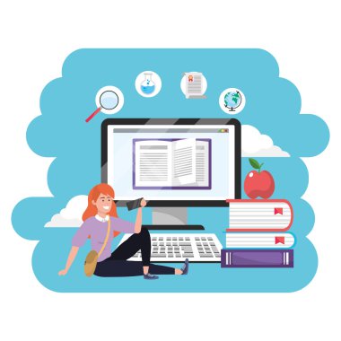 Online eğitim bin yıllık öğrenci redhead çanta bilgisayar kitapları yığını ve elma arka plan genç kişi kariyer arama sıçrama çerçeve vektör illüstrasyon grafik tasarım oturan