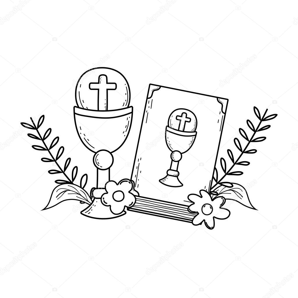 sacred chalice with holy bible vector illustration design