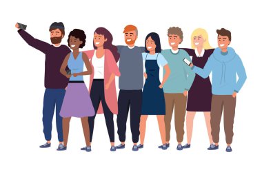 Bin yıllık grup birlikte gülümseyen mutlu kazak sakal sarışın kapüşonlu afro redhead vektör illüstrasyon grafik tasarım poz selfie alarak akıllı telefon kullanarak