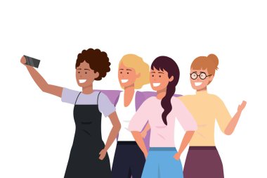 Bin yıllık farklı grup birlikte kazak vektör illüstrasyon grafik tasarım giyen mutlu gülümseyen selfie alarak