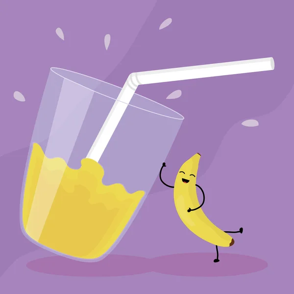 Vidro Com Suco Banana Fruta Fresca Kawaii Caráter Vetor Ilustração — Vetor de Stock