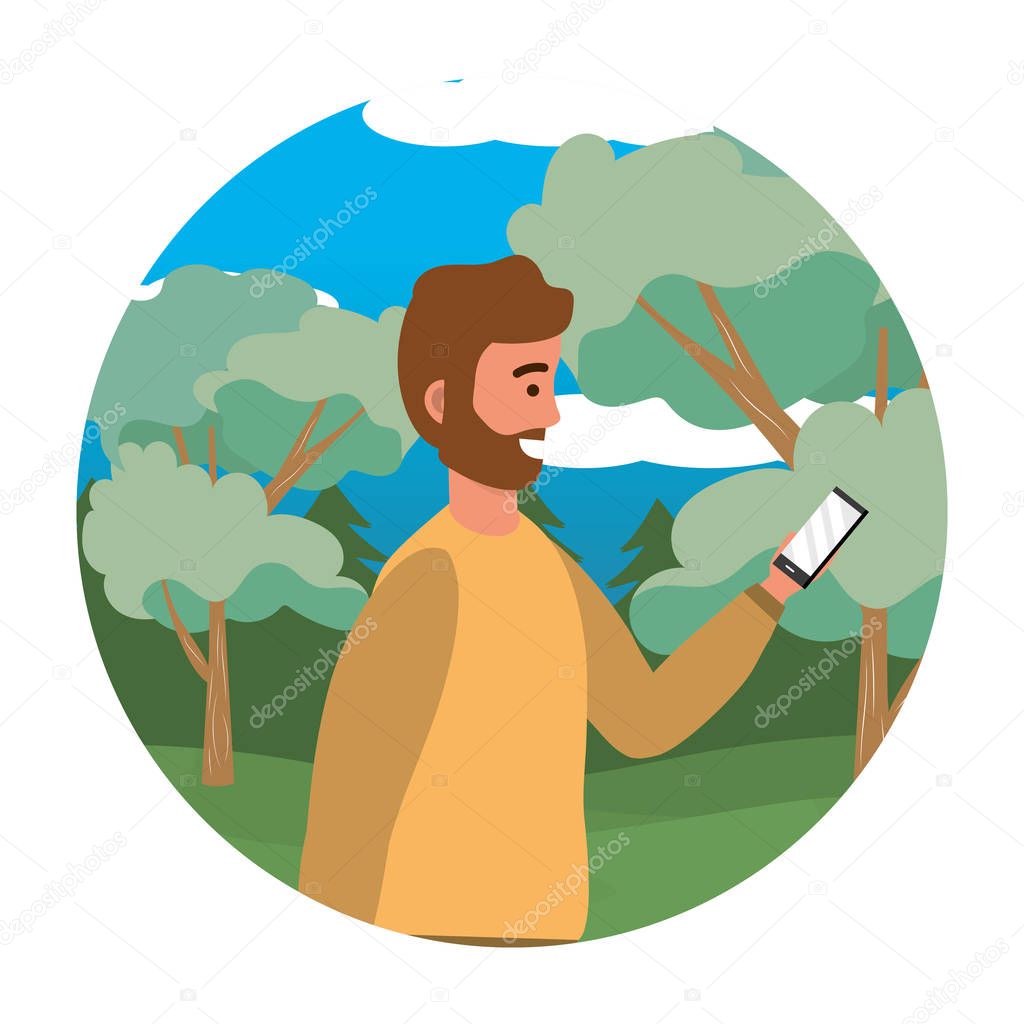 Millenial person stylish outfit using smartphone texting conversation bearded portrait nature background round frame trees bushes vector illustration graphic design