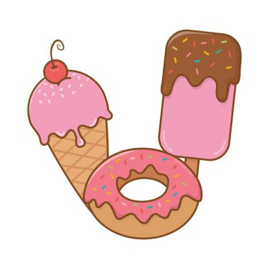 dondurma ve dondurma lolly ve donut simgesi karikatür vektör illüstrasyon grafik tasarım