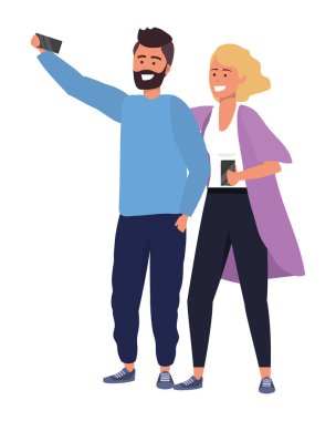 Bin yıllık çift akıllı selfie şık kıyafet kazak vektör illüstrasyon grafik tasarım alarak