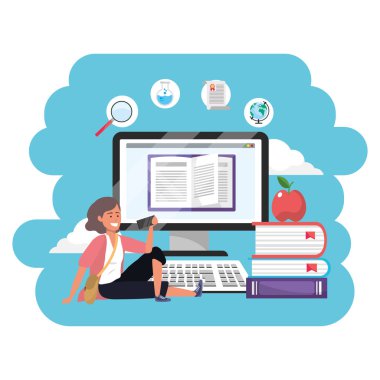 Online eğitim bin yıllık öğrenci gri saç kız pembe kimono oturan bilgisayar kitapları yığını ve elma arka plan genç kişi kariyer arama sıçrama çerçeve vektör illüstrasyon grafik tasarım giyiyor