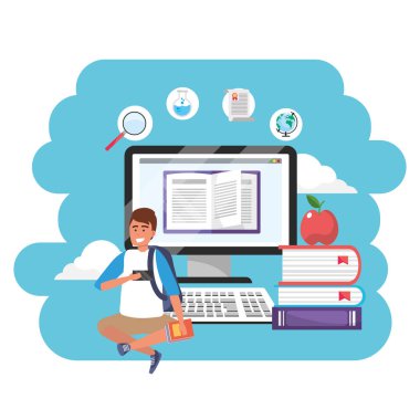 Online eğitim bin yıllık öğrenci şort ve sırt çantası oturan bilgisayar kitapları yığını ve elma arka plan genç kişi kariyer arama sıçrama çerçeve vektör illüstrasyon grafik tasarım giyiyor