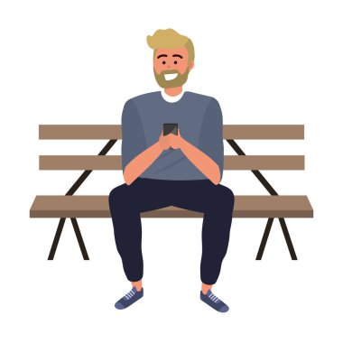 Bin yıllık kişi akıllı telefon ile selfie gülümseyen park tezgah vektör illüstrasyon grafik tasarım alarak oturan