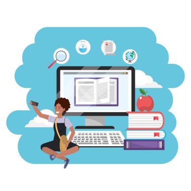 Online eğitim bin yıllık öğrenci afro kız elbise ve çanta oturan bilgisayar kitapları yığını ve elma arka plan genç kişi kariyer arama sıçrama çerçeve vektör illüstrasyon grafik tasarım giyiyor