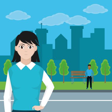 gençlerin iki rahat içinde önünde şehir peyzaj ağaçları çizgi film vektör çizim grafik tasarım ile elbise