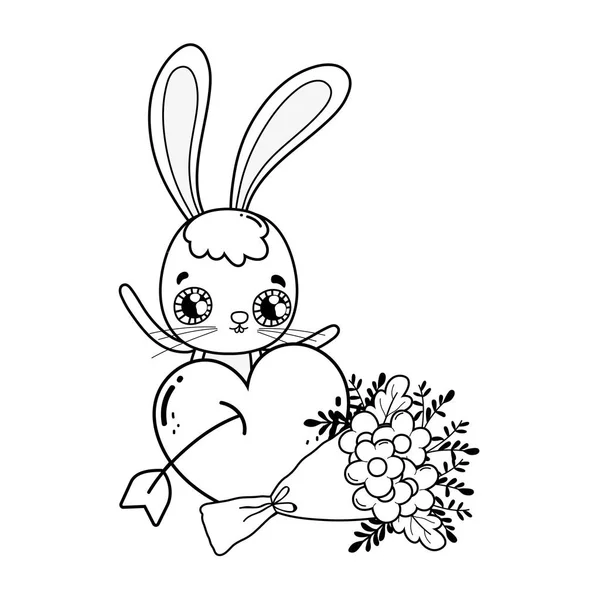 Niedlichen Kaninchen Mit Blumen Bouquet Valentinstag Vektor Illustration Design — Stockvektor