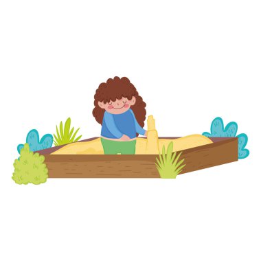 Kum kutusu vektör çizim tasarımında oynarken küçük tombul kız