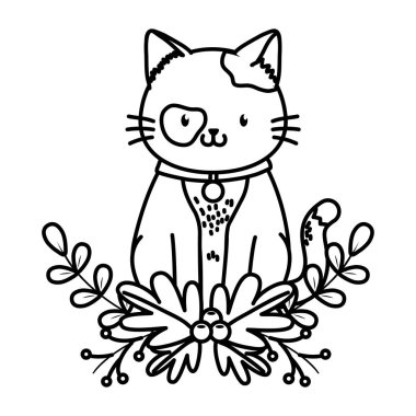 çiçekler çerçeve karikatür vektör illüstrasyon grafik tasarım üzerinde sevimli evcil hayvan kedi
