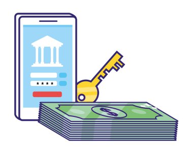 teknoloji cihazı ve banka elemanları karikatür vektör illüstrasyon grafik tasarım ile para finans kavramı tasarrufu