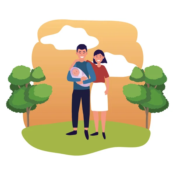 Casal Com Bebê Avatar Personagem Desenho Animado Livre Parque Vetor — Vetor de Stock