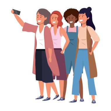 Binyıllık çeşitli grup birlikte süveter tulum afro vektör illüstrasyon grafik tasarım giyen mutlu gülümseyen selfie alarak