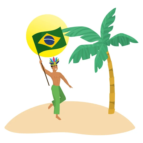 Mies Tilalla Lippu Juhlii Brasilialainen Karnevaali Rannalla Palmu Aurinko Vektori — vektorikuva