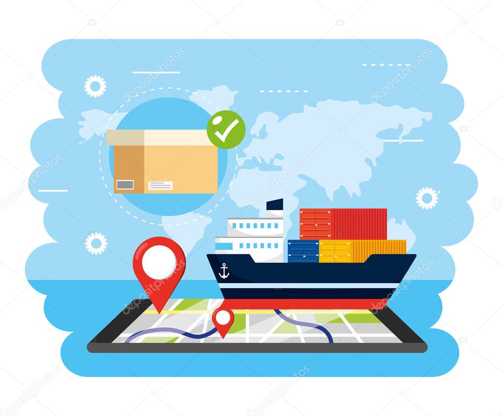 ship transport with smartphone gps location and box vector illustration