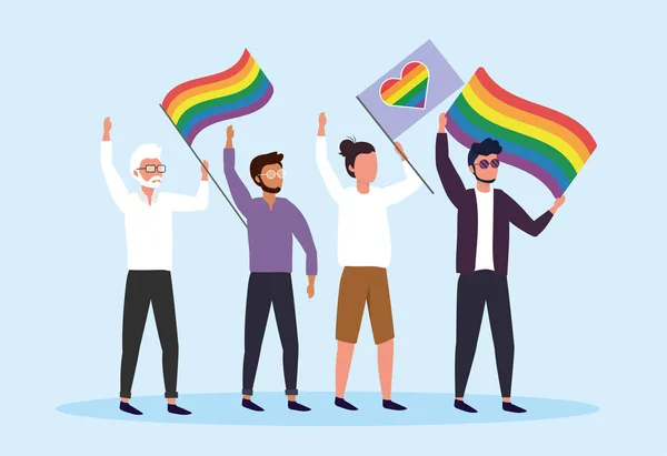 Uomini Con Bandiere Arcobaleno Illustrazione Vettoriale Libertà Comunitaria — Vettoriale Stock