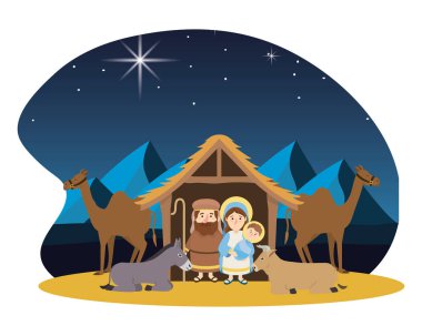 joseph ve mary İsa ile ve eşek ile inek ve deve karikatür vektör çizim grafik tasarım ile Noel nativity yemlik sahne