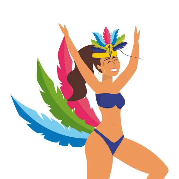 Mujer Con Tocado Plumas Bailando Con Bikini Brasileño Carnaval Vector — Archivo Imágenes Vectoriales