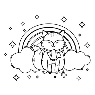 önünde sevimli küçük hayvan tilki gökkuşağı karikatür vektör illüstrasyon grafik tasarım