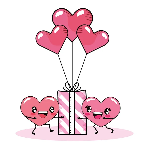 Amour Coeur Couple Avec Des Ballons Boîte Cadeau Dessin Animé — Image vectorielle