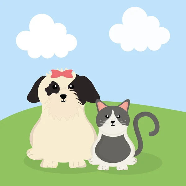 Carino Piccolo Cane Gatto Mascotte Nel Campo Disegno Illustrazione Vettoriale — Vettoriale Stock