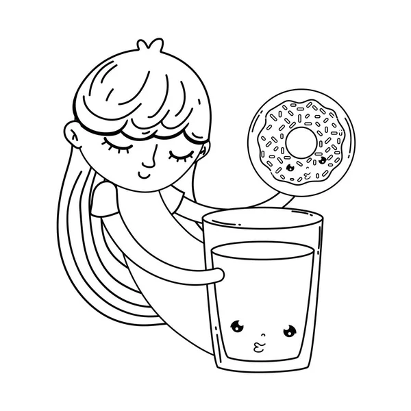 süt ve çörek kawaii karakter vektör çizim tasarımı ile küçük kız